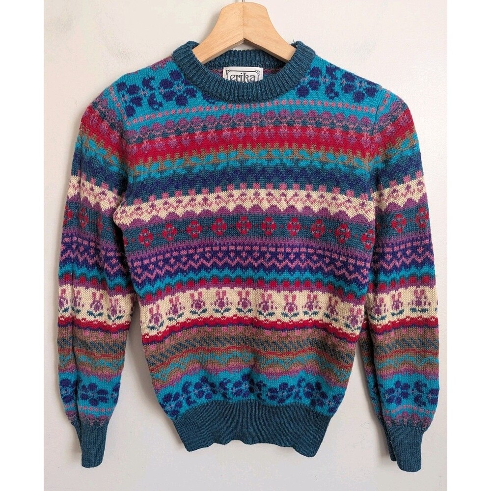 Vintage 80s Fair Isle Sweater Girls Wool Blend Pullover Medium 10 12 Colorful